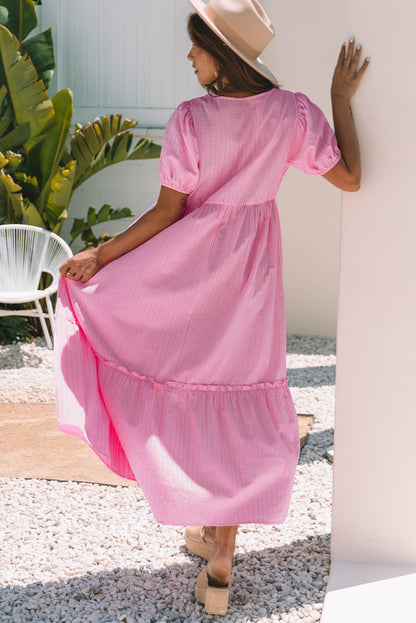Pink Stripe V Neck Puff Short Sleeve Maxi Dress