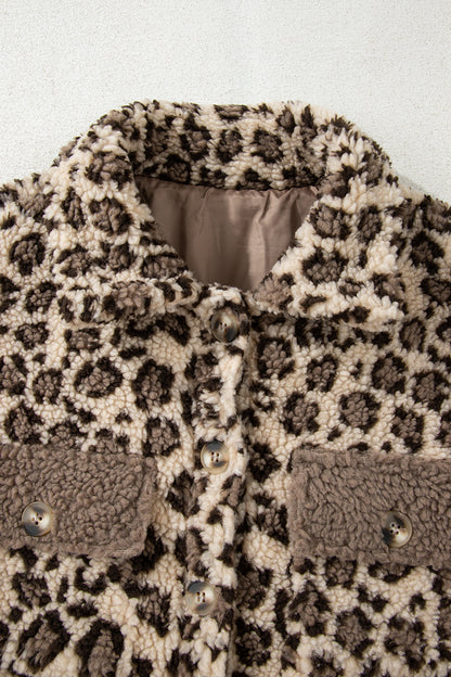 Brown Sherpa Leopard Print Flap Pocket Collared Button Up Jacket
