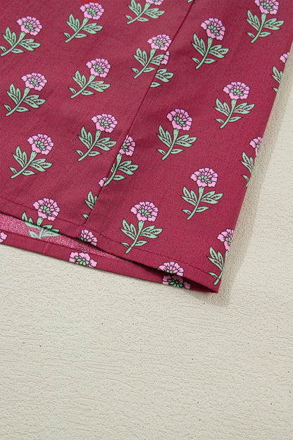 Red Contrast Collared V Neck Ricrac Trim Short Puff Sleeve Flower Blouse