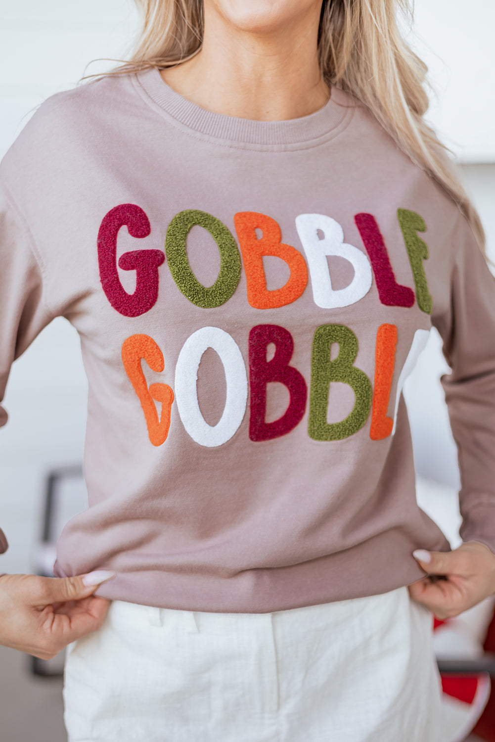Dark Khaki GOBBLE Letter Graphic Thanksgiving Shift Sweatshirt