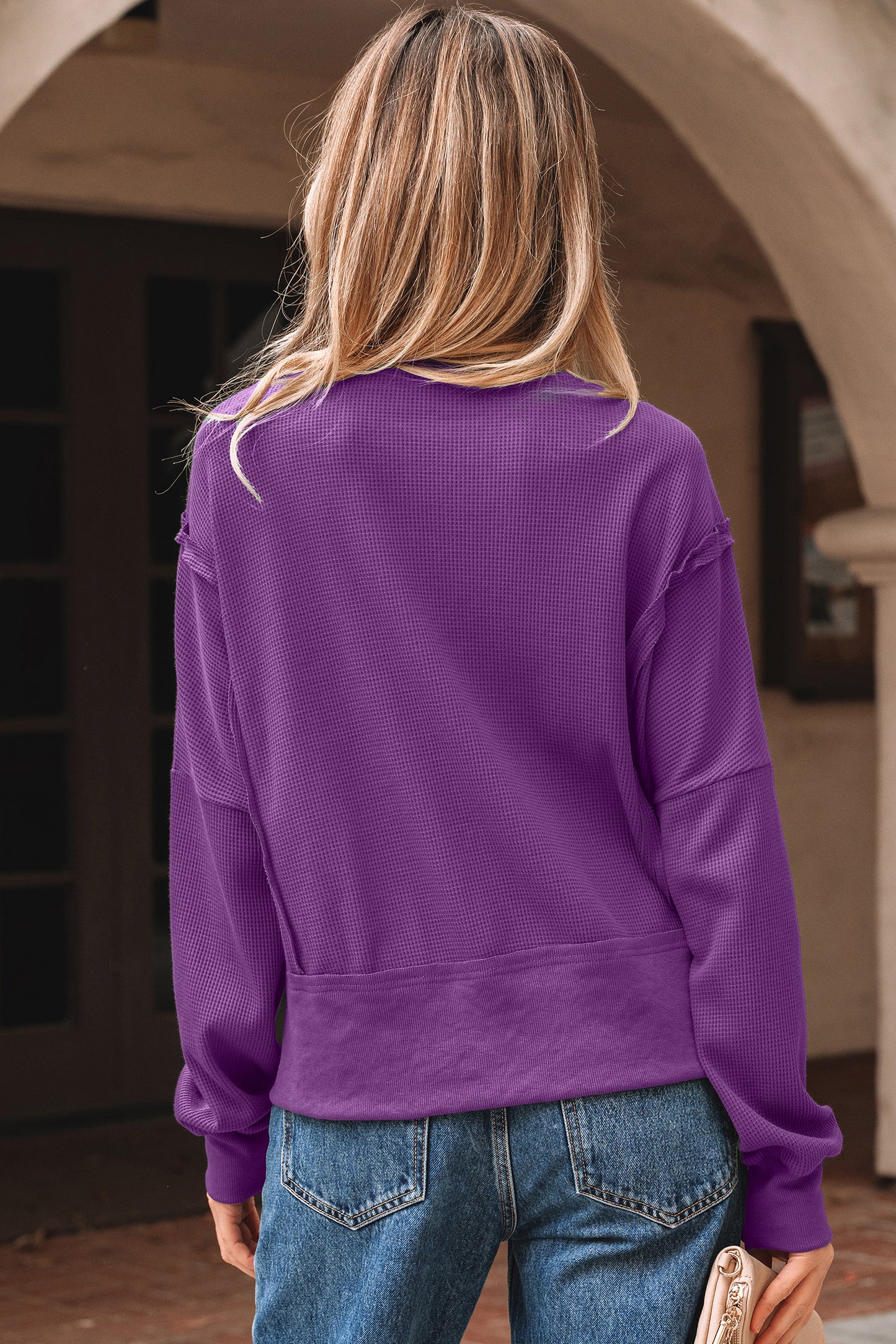 Orchid Mist Solid Color Raw Seam Patchwork Ribbed Drop Shoulder Sweatshirt