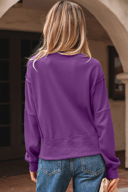 Orchid Mist Solid Color Raw Seam Patchwork Ribbed Drop Shoulder Sweatshirt