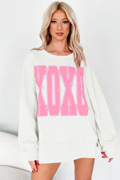 White Bow Sequin XOXO Letter Graphic Exposed Seam Baggy Sweatshirt