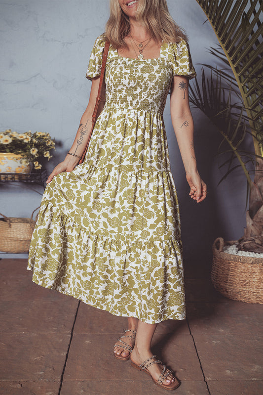 Yellow Boho Floral Square Neck Smocked Bust Puff Sleeve Tiered Long Dress