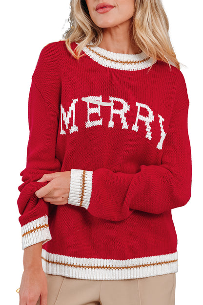 Fiery Red MERRY Color Block Edge Drop Shoulder Cozy Sweater