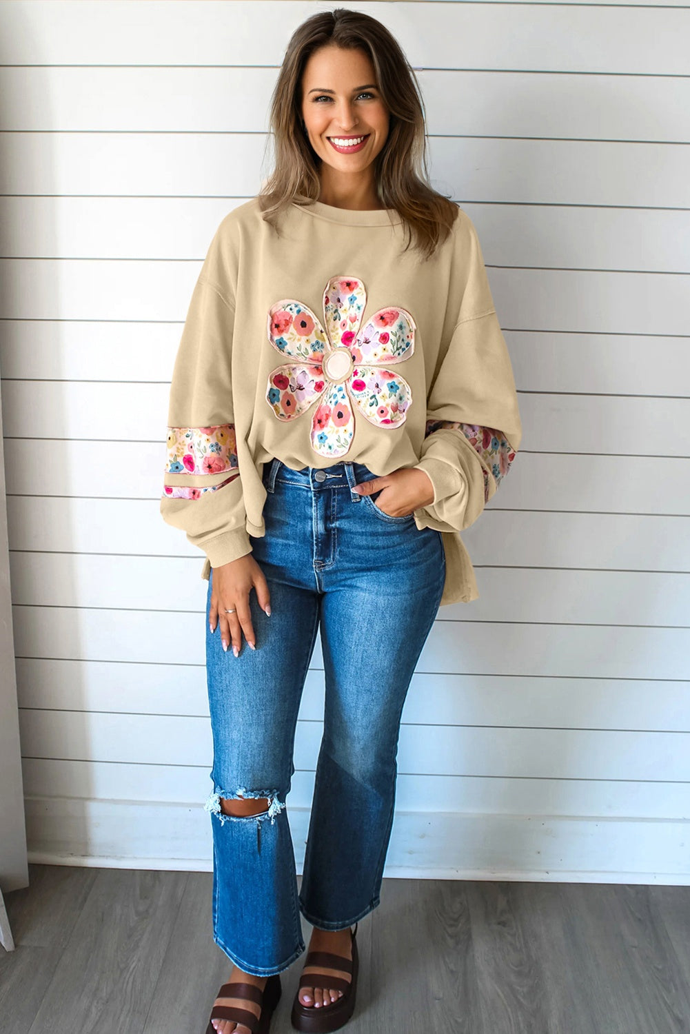Wisteria Floral Applique Baggy Pullover Sweatshirt