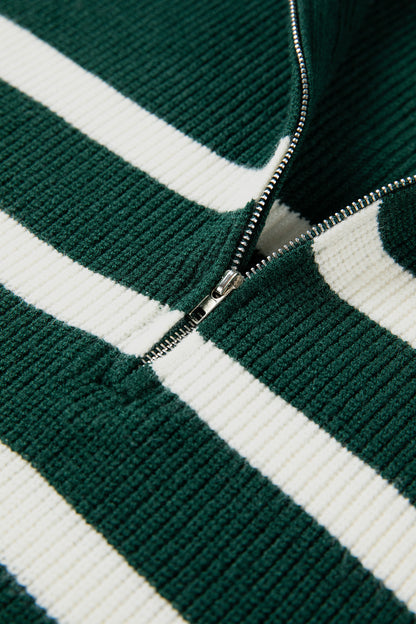 Blackish Green Ribbed Half Zip Collared Sweater Vest