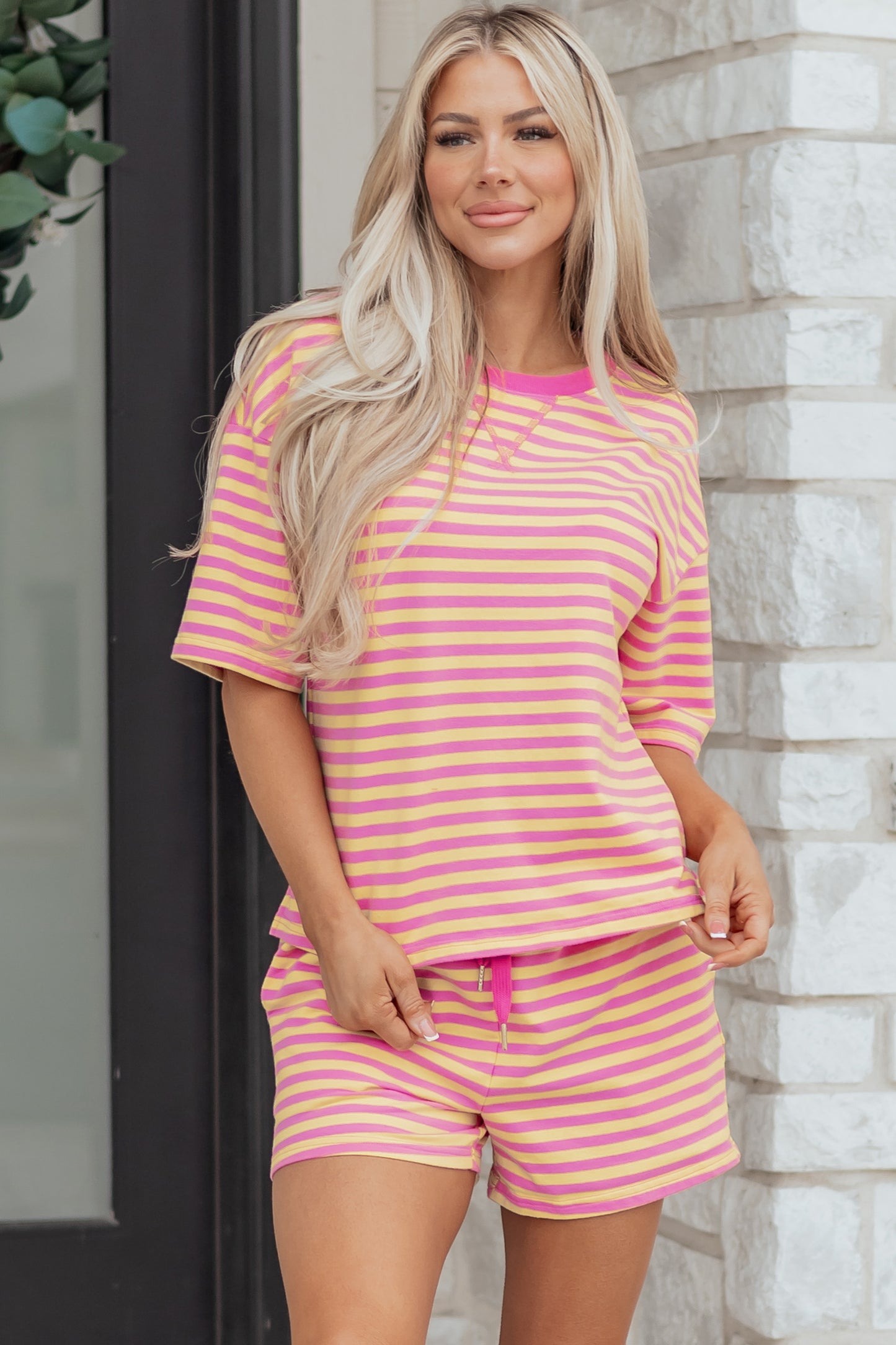 Yellow Stripe Drop Shoulder Boxy Casual Terry Short Set