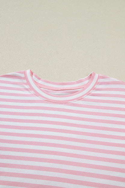 Rose Stripe Drop Shoulder Round Neck Top and Buttoned Straight Pants Two Piece Set