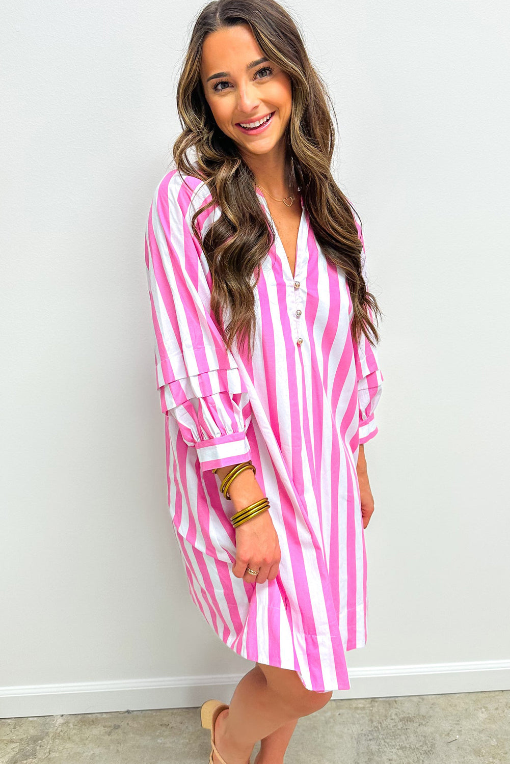 Rose Stripe Bracelet Sleeve Buttons Loose Mini Dress