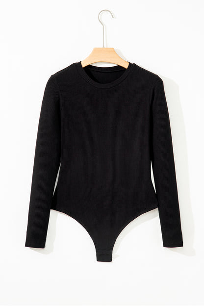 Black Ribbed Long Sleeve Crew Neck Solid Color Bodysuit