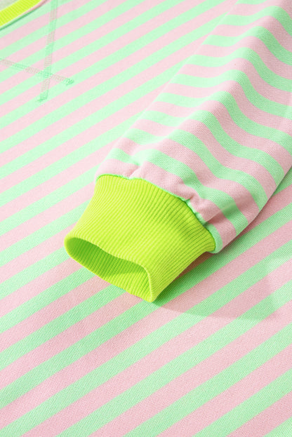 Green Stripe Contrast Ribbed Trim Crossed Stitch Drop Shoulder Sweatshirt