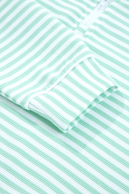 Green Stripe Quarter Zip Collar Pullover Long Sleeve Top
