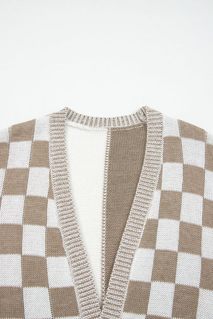 Black Checkered Open Front Drop Shoulder Cardigan