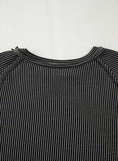 Dark Grey Corded Lantern Sleeve Top High Waist Ruffled Mini Skirt Set