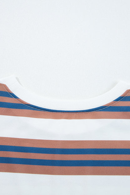 Khaki Stripe Crew Neck Drop Shoulder Pullover Sweatshirt