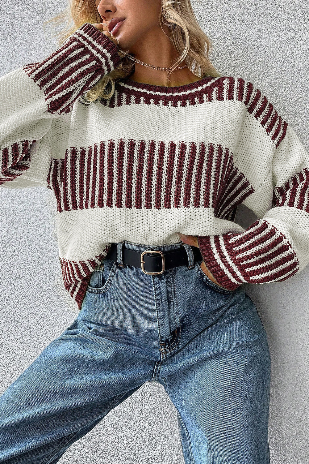Light Blue Two Tone Striped Patchwork Drop Shoulder Loose Sweater