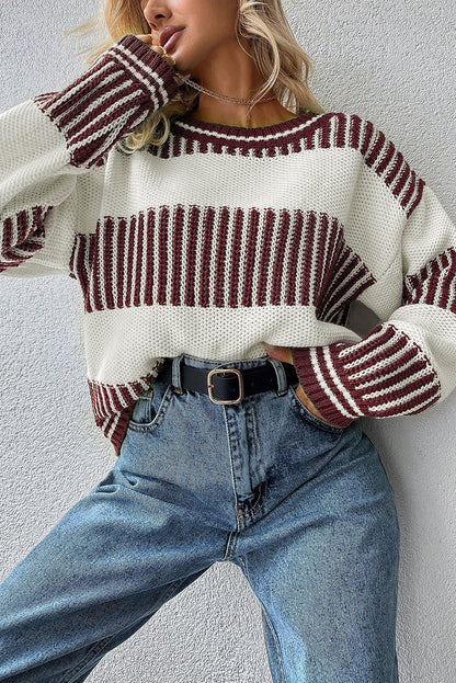 Light Blue Two Tone Striped Patchwork Drop Shoulder Loose Sweater