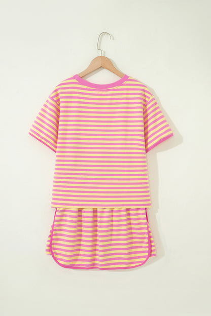 Blue Stripe Relaxed Short Sleeve Top Elastic Waist Drawstring Skort 2pcs Set