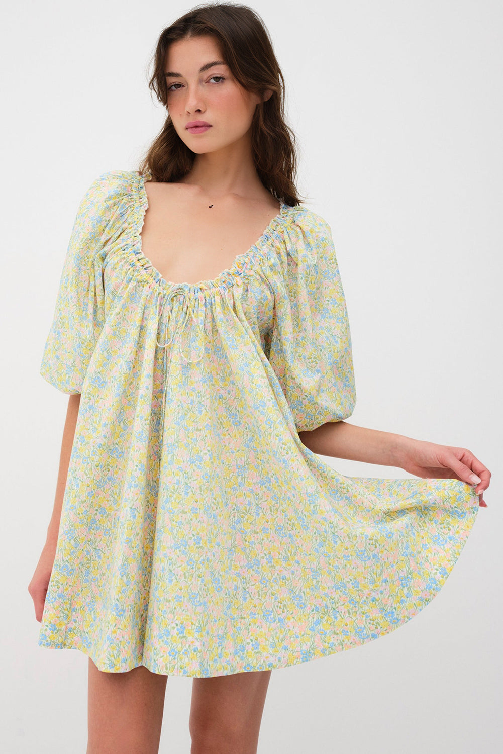 Green Floral Half Sleeve Frilled U Neck A-line Short Dress