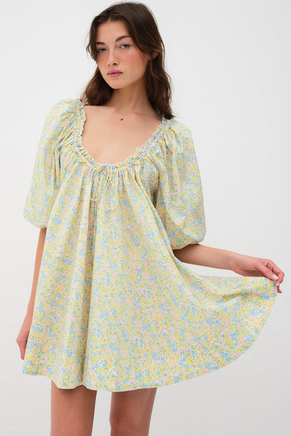 Green Floral Half Sleeve Frilled U Neck A-line Short Dress
