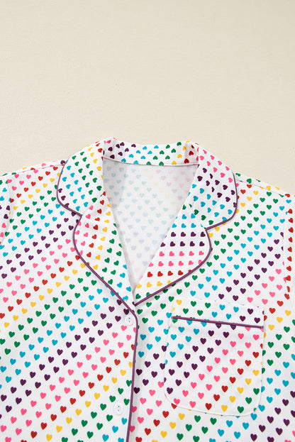 White Pride Heart Print Valentines Long 2pcs Pajama Set