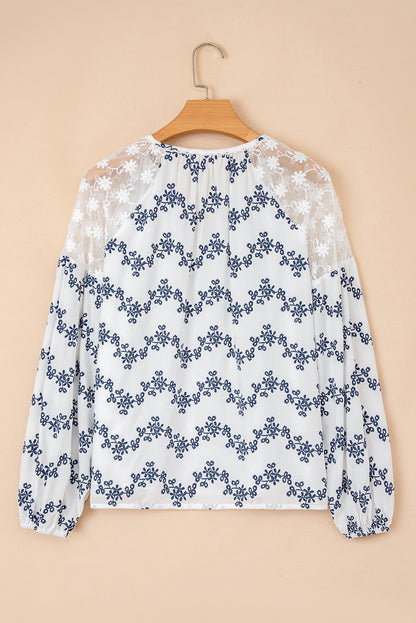 Blue Lace Patchwork Floral Bubble Sleeve V Split Neck Blouse