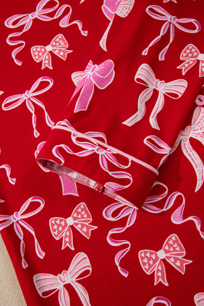 Red Sweet Bow Print Shirt Style Top Long 2pcs Pajama Set