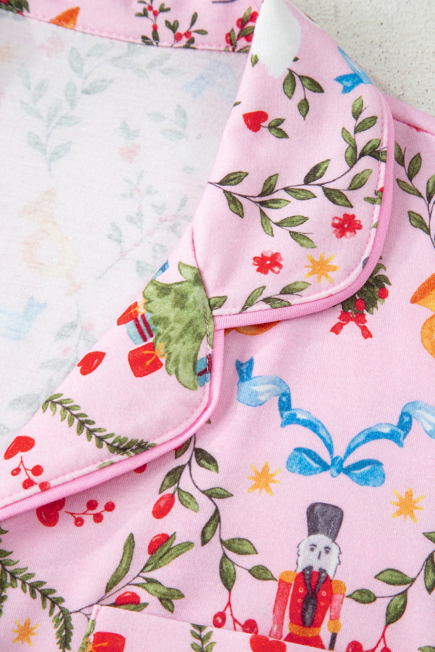 Pink Nutcracker Doll Christmas Print Ribbon Tie Waist Short 2pcs Pajama Set