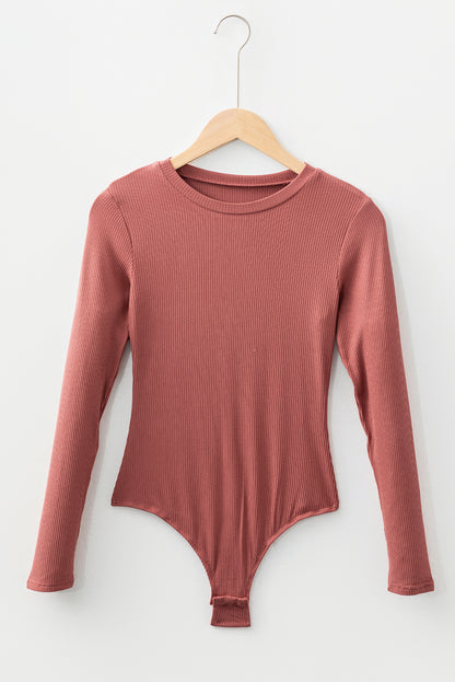 Black Ribbed Long Sleeve Crew Neck Solid Color Bodysuit