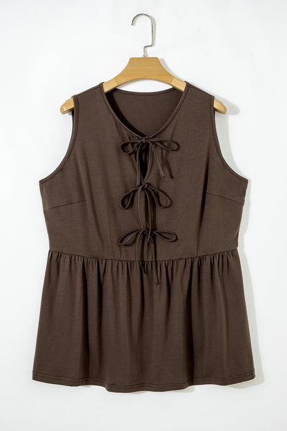 White Plus Size Solid Color Bow Tie Peplum Tank Top