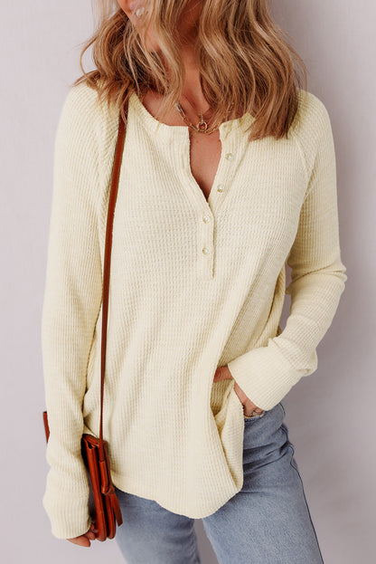Oatmeal Textured Knit Half Buttons Henley Top