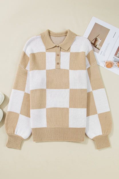 Grapefruit Orange Checkered Pattern Polo Collar Loose Sweater