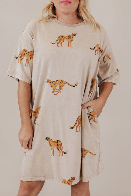 Apricot Plus Size Cheetah Print Side Pockets T Shirt Mini Dress