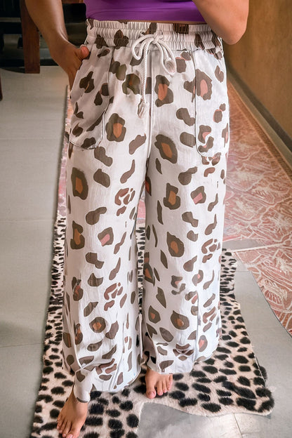 Beige Drawstring Leopard Print Patch Pocket Loose Pants