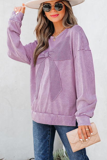Orchid Bouquet Mineral Wash Big Bow Patchwork Pullover Sweatshirt