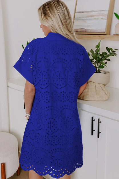 Dark Blue Solid Color Eyelet Embroidered T Shirt Mini Dress