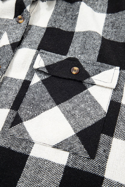 Black Double Plaid Patchwork Drawstring Hooded Shacket