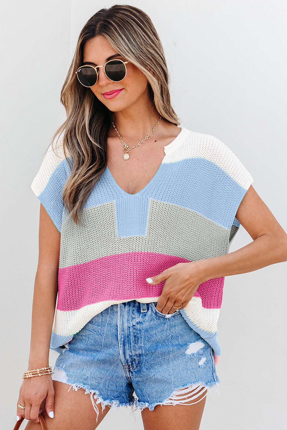 Multicolour Color Block Notch V Neck Sweater T Shirt