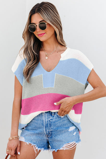 Multicolour Color Block Notch V Neck Sweater T Shirt