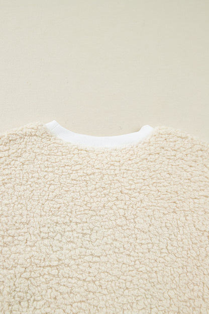 White MERRY CHRISTMAS Multicolor Embroidered Sherpa Pullover Sweatshirt