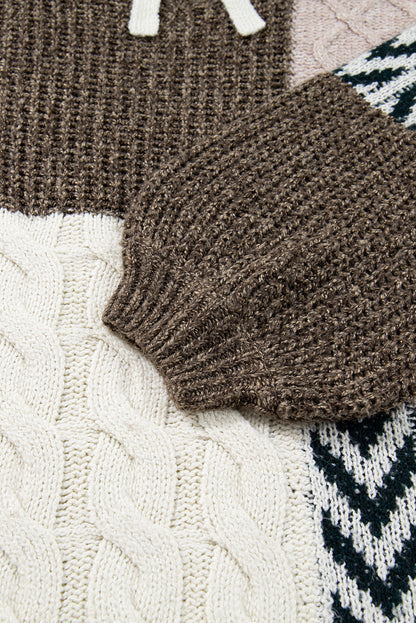 Brown Plus Size Color Block Patchwork Knotted Back Loose Fit Sweater