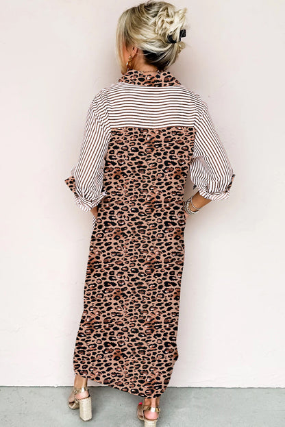 Brown Stripe Contrast Leopard Patchwork Long Shirt Dress with Slits