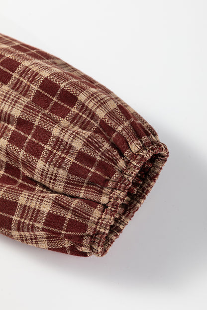 Red Dahlia Plaid Eyelet Lace Trim Button Down Loose Long Sleeve Shirt