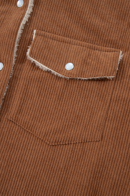 Cinnamon Fleece Lined Buttoned Flap Pockets Corduroy Jacket