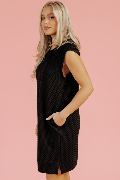 Black Textured Cap Sleeve T-shirt Shift Mini Dress