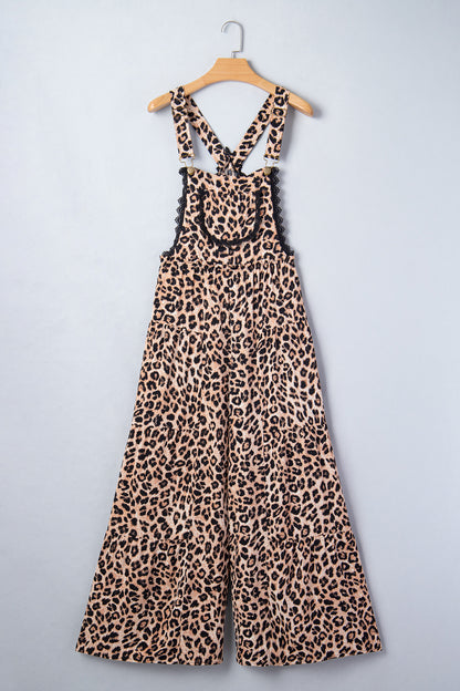 Khaki Cheetah Printed Contrast Lace Detail Ruffled Wide Leg Jumpsuit