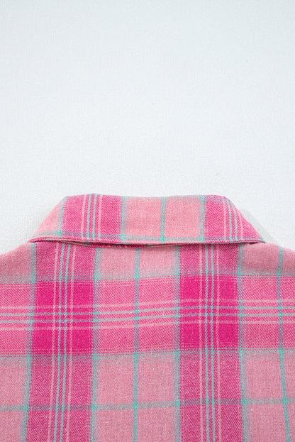 Sachet Pink Plaid Print Rounded Hem Long Sleeve Shirt with Pockets