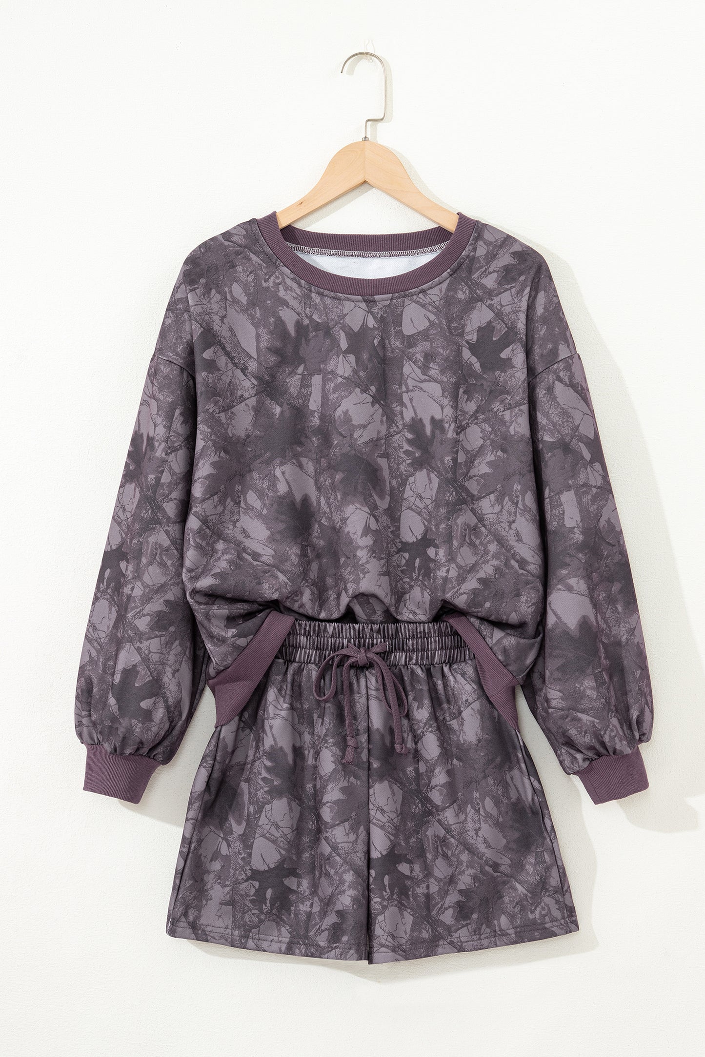 Brown Abstract Woodland Camo Print Baggy Pullover Drawstring Shorts Set