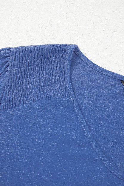 Sky Blue Shirred Shoulder Frilled Cuffs Long Sleeve Top